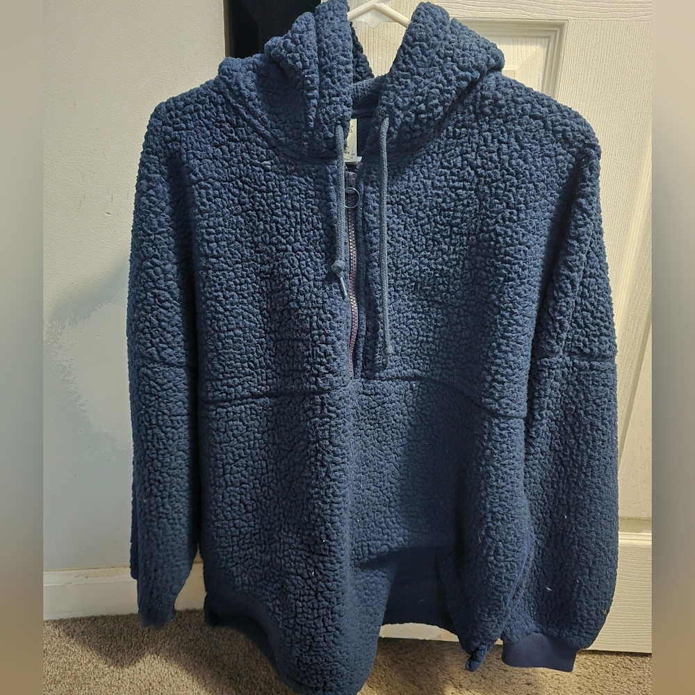 PINK Victoria's Secret Half Zip Sherpa Hoodie Navy Blue Womens Medium